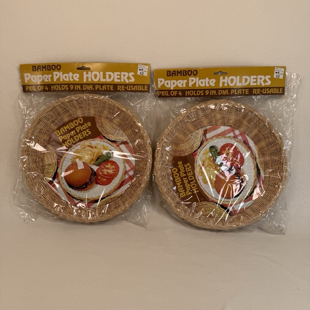 VTG Set of 8 Bamboo Wicker Paper Plate Holders Rattan Picnic Cottage Woolworth